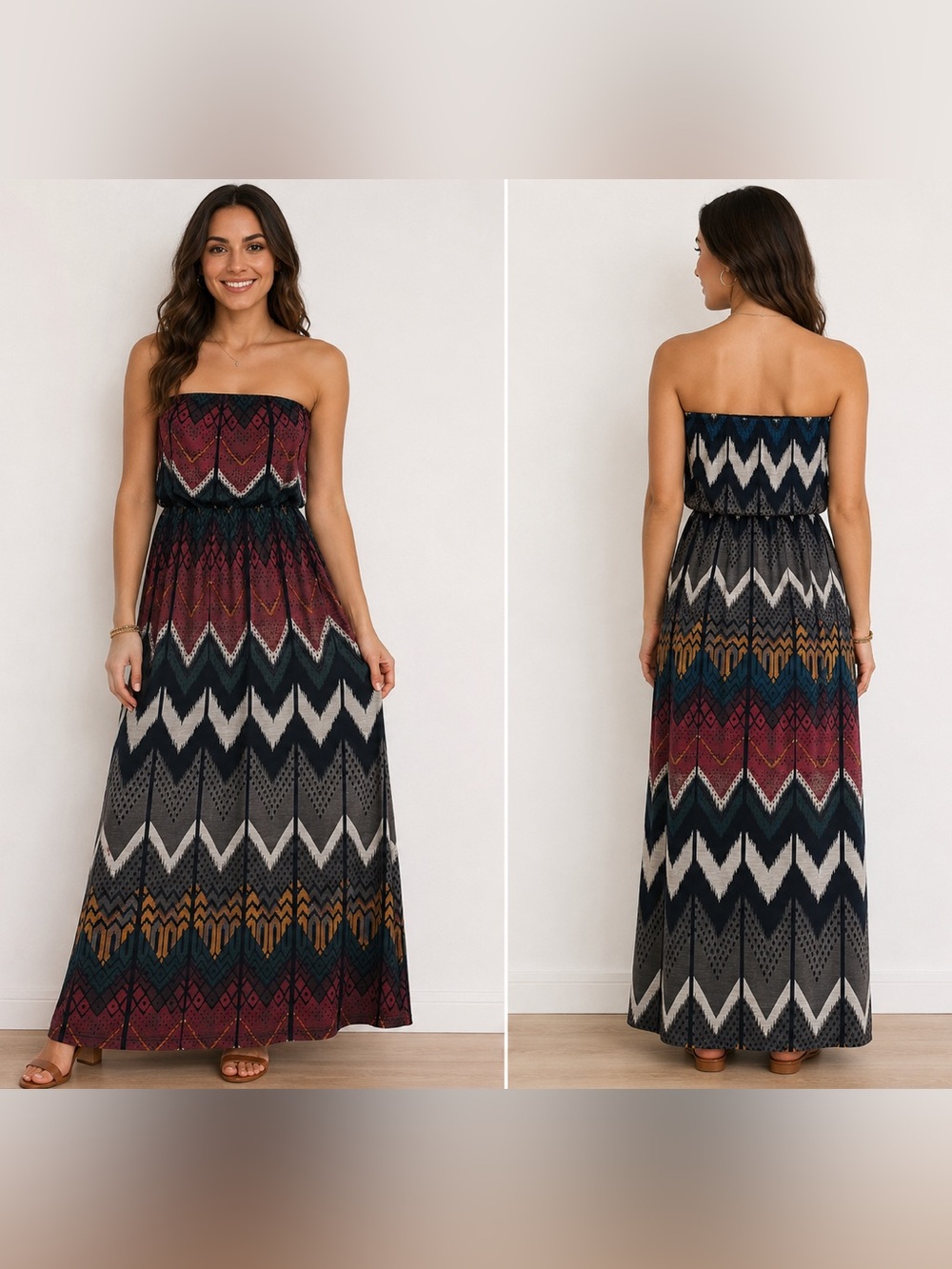 Tracy USA Strapless Maxi Dress Women Size S Multicolor Tribal Boho Stretch